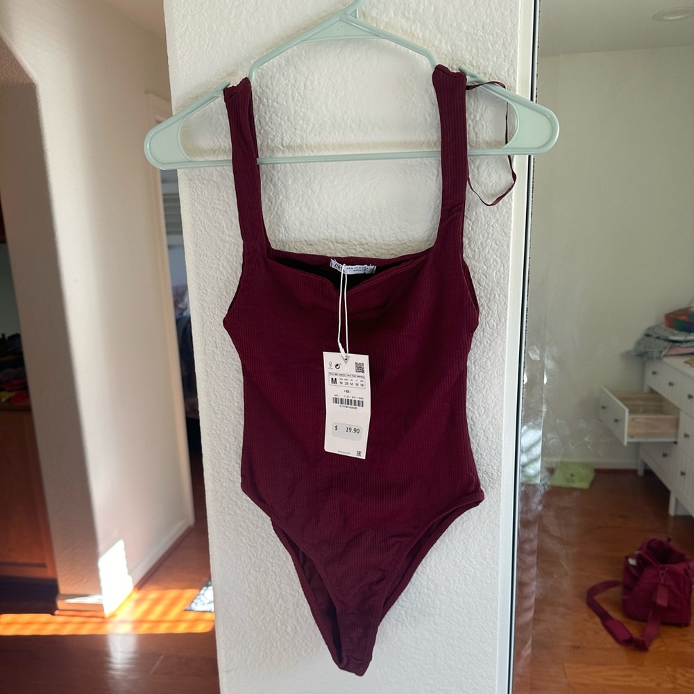 NWT Zara Ribbed Maroon Red Bodysuit